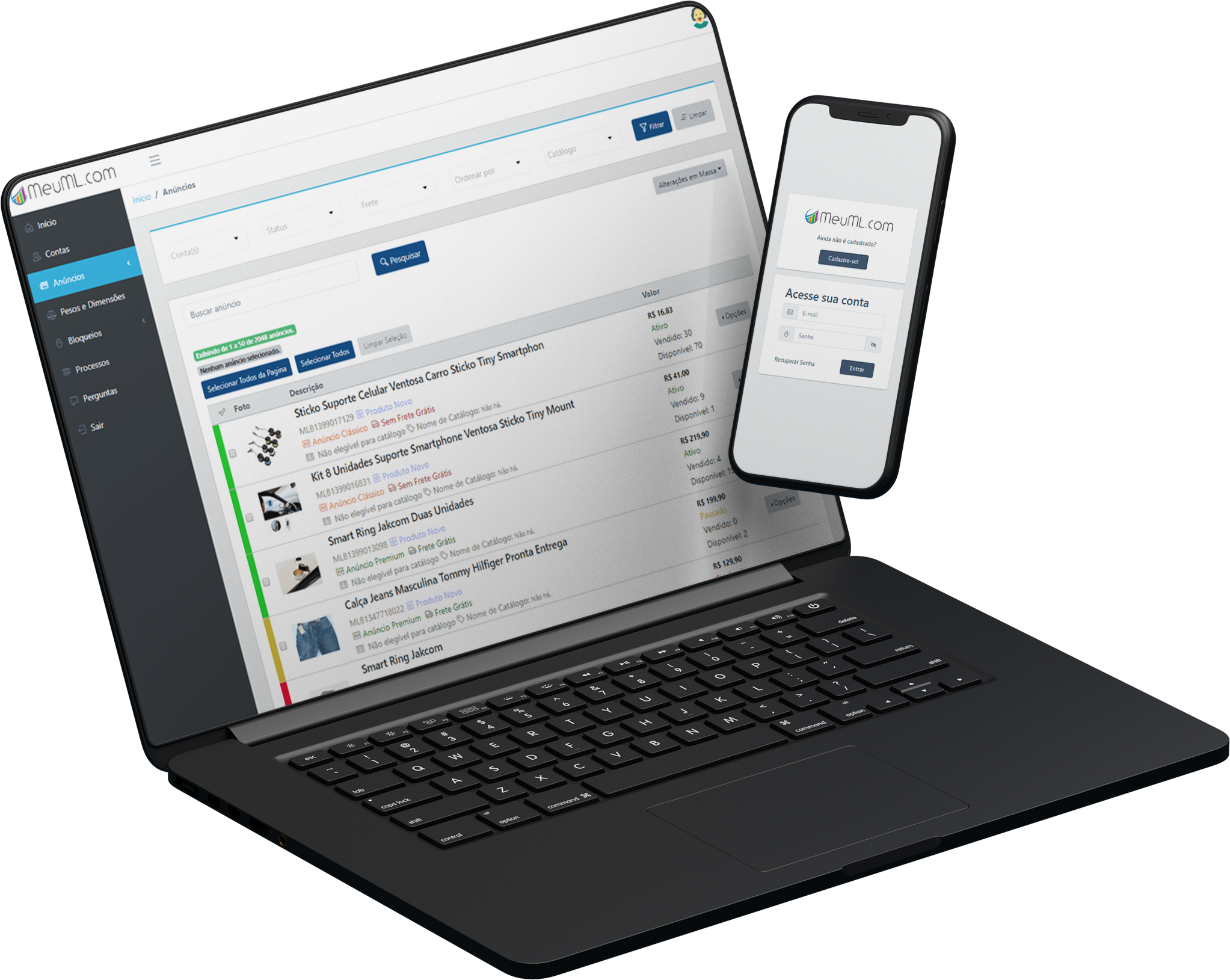 Dashboard MeuML mostrando painel de gerenciamento de anúncios