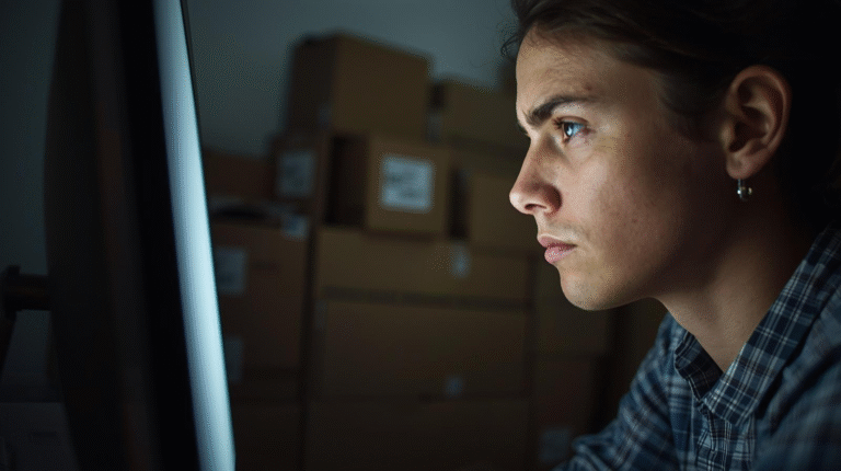 Vendedor frustrado tentando gerenciar anúncios manualmente